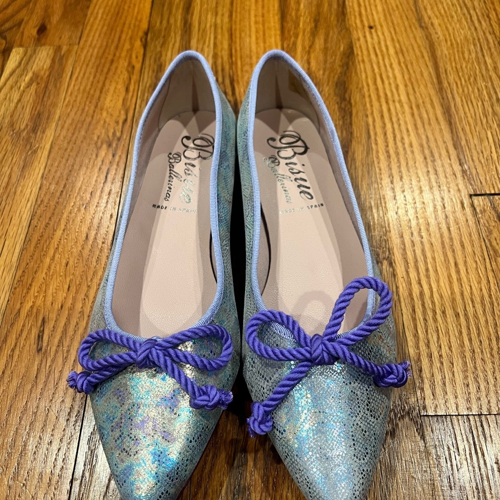 New.Noโ Box Anthopologie Bisue Ballerina Rope Bow Flats Size 37.Purple Metalic